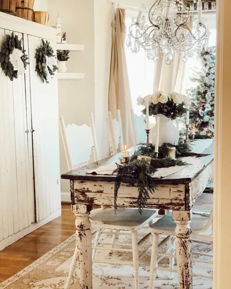 Rustic Christmas Table With Stripped White Paint