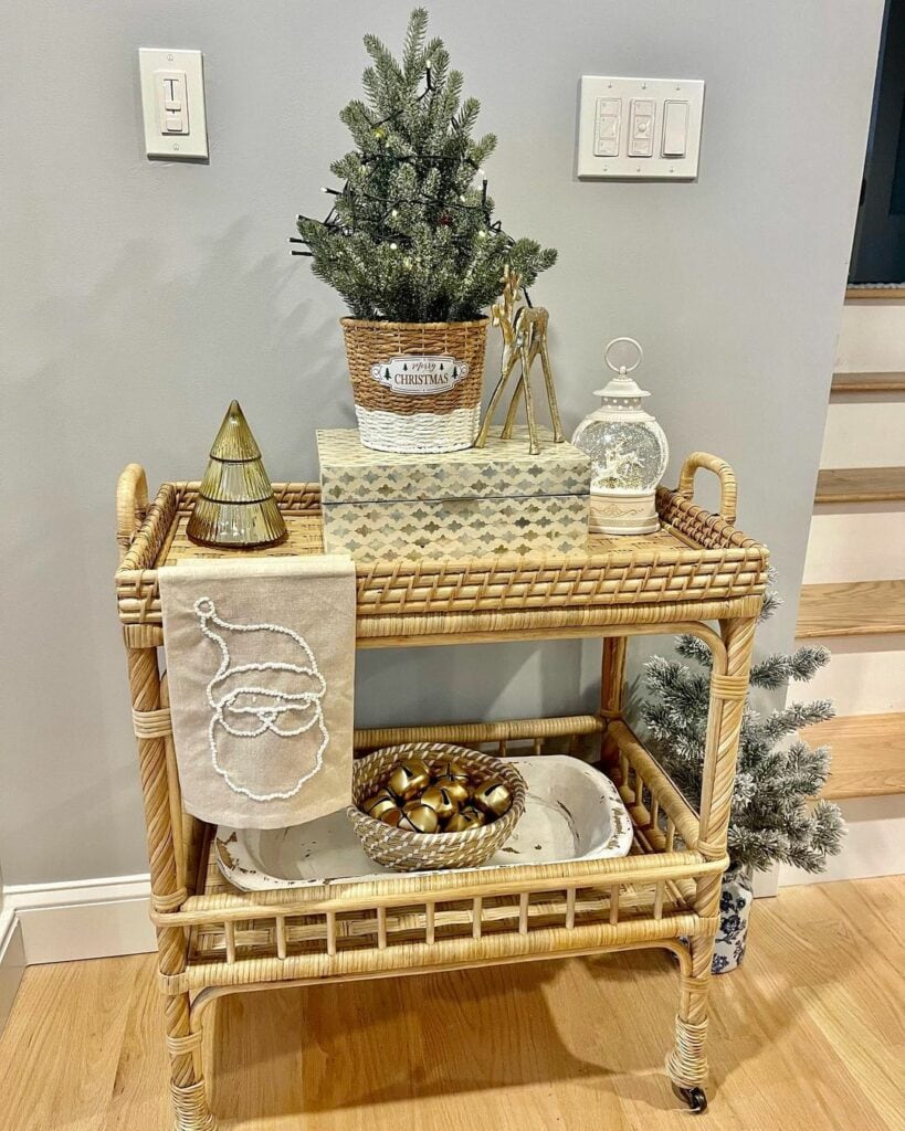 Wicker Bar Cart With Christmas Decor