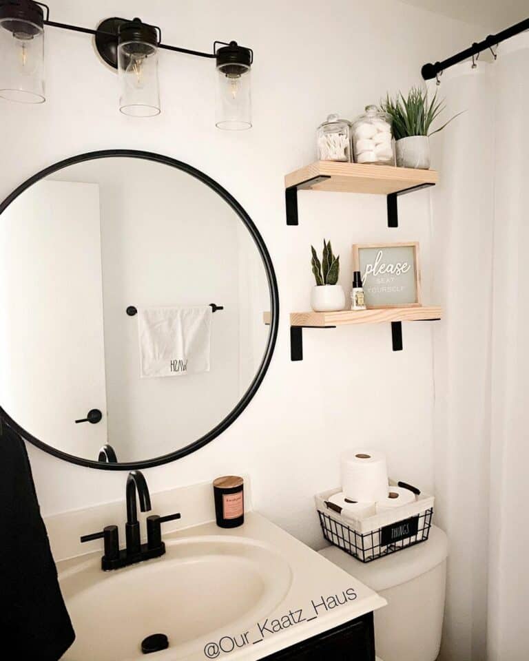 Accessorized Bathroom With Small Wooden Shelves