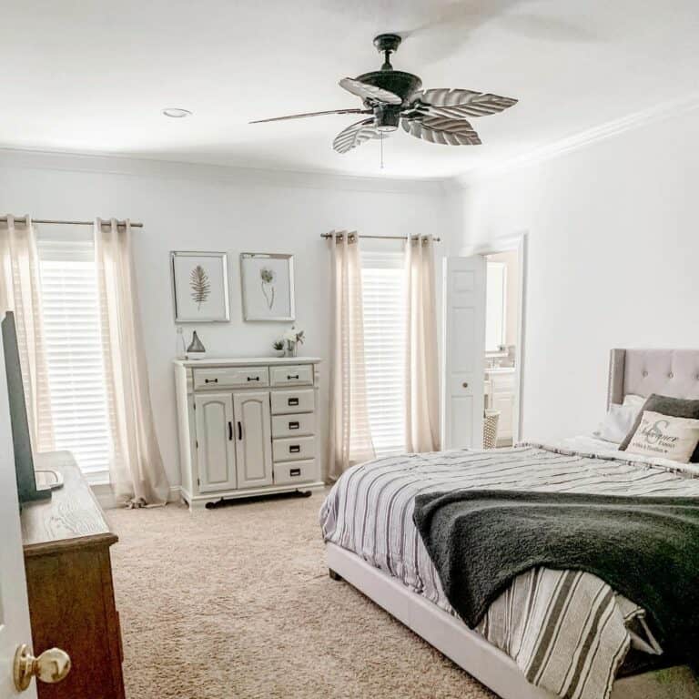 Beige Carpeting in a Farmhouse Bedroom