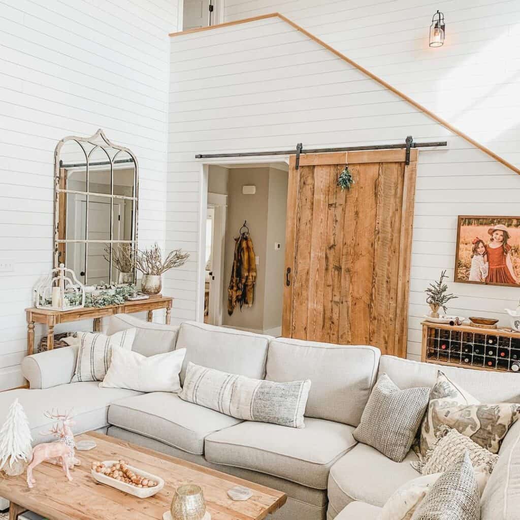 Classic Shiplap Living Room With Barn Door