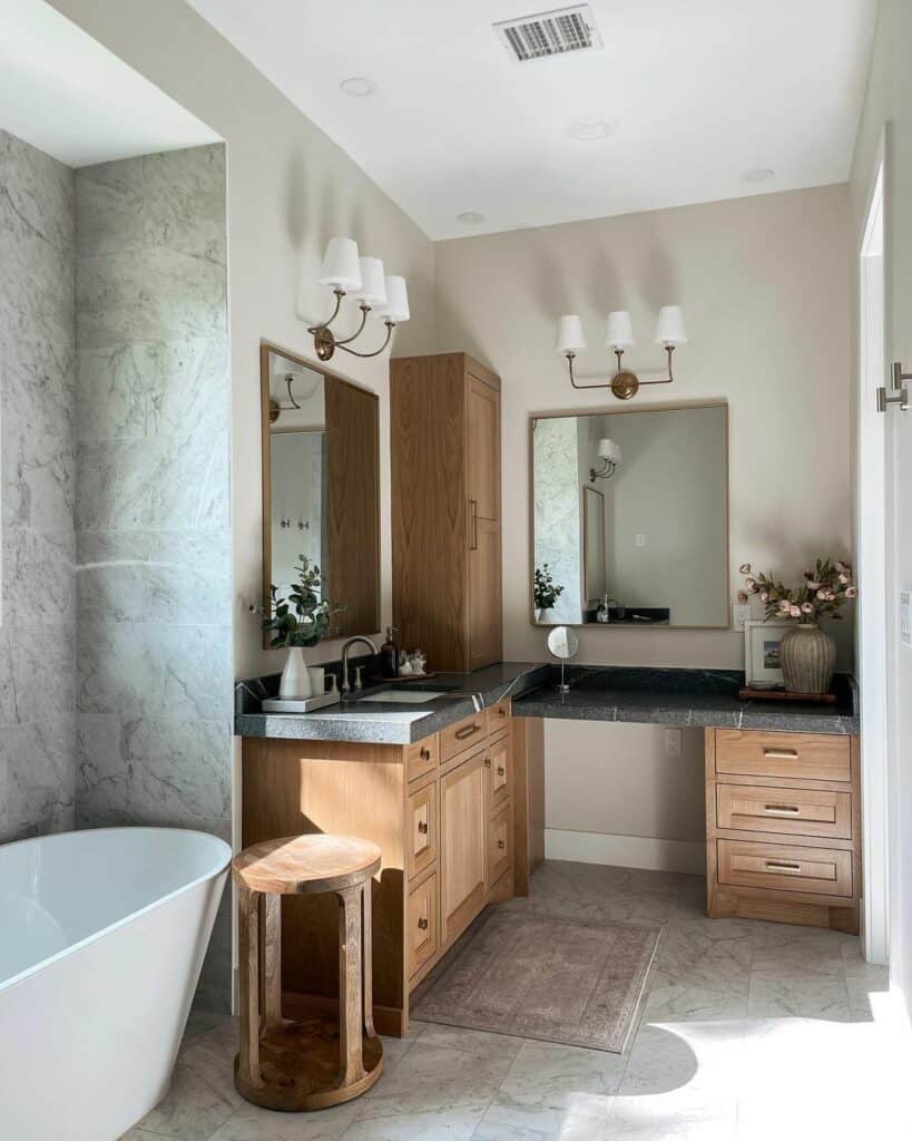 Decorating a Bath With Wood Tones and Gray Stone