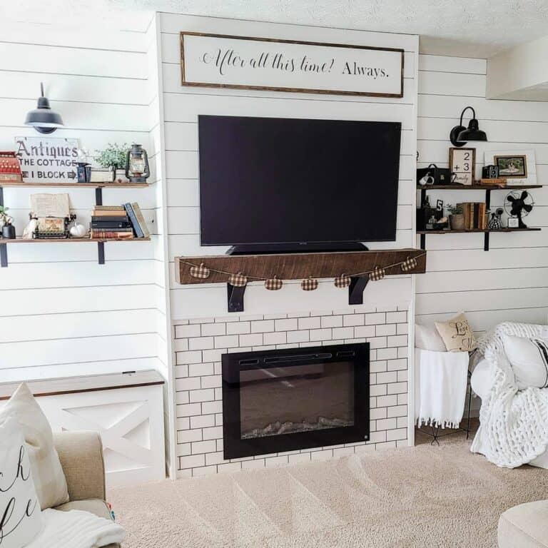 Farmhouse Fireplace With Rustic Wooden Shelves
