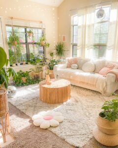 Geometric Wool Rug in Plant-filled Sitting Room