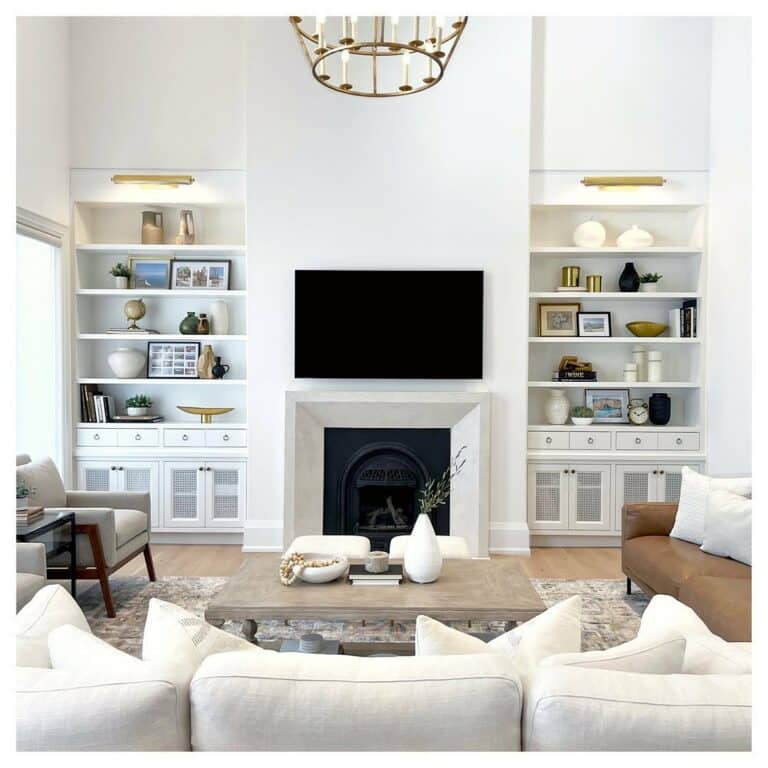 Gold Light Fixtures Enhance a Living Room