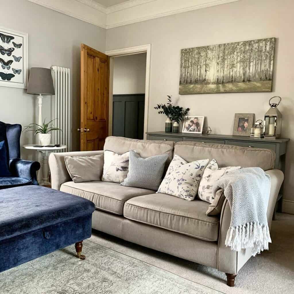 Gray and White Living Room With Blue Accents