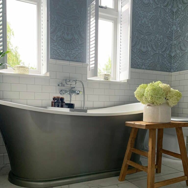 Intricate Wallpaper and White Wall Tiles