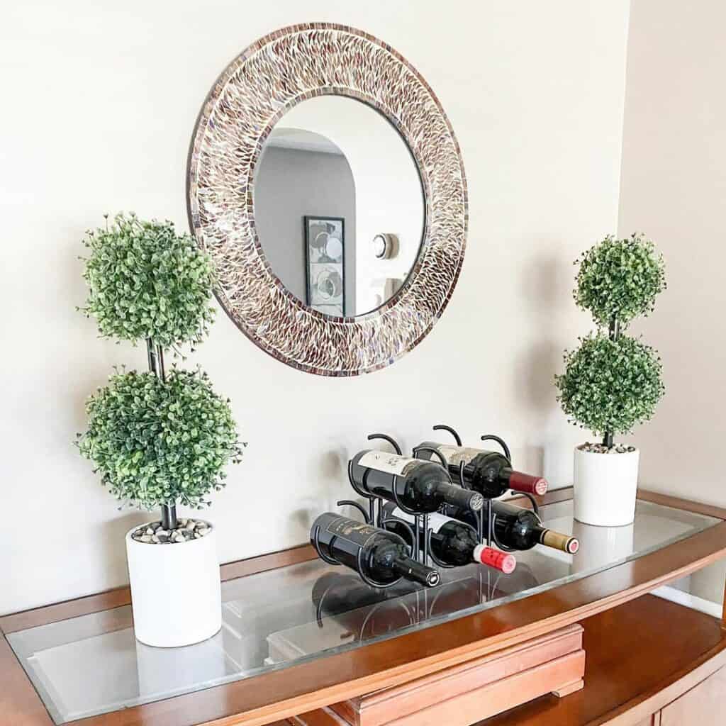 Mosaic Mirror and Faux Topiaries