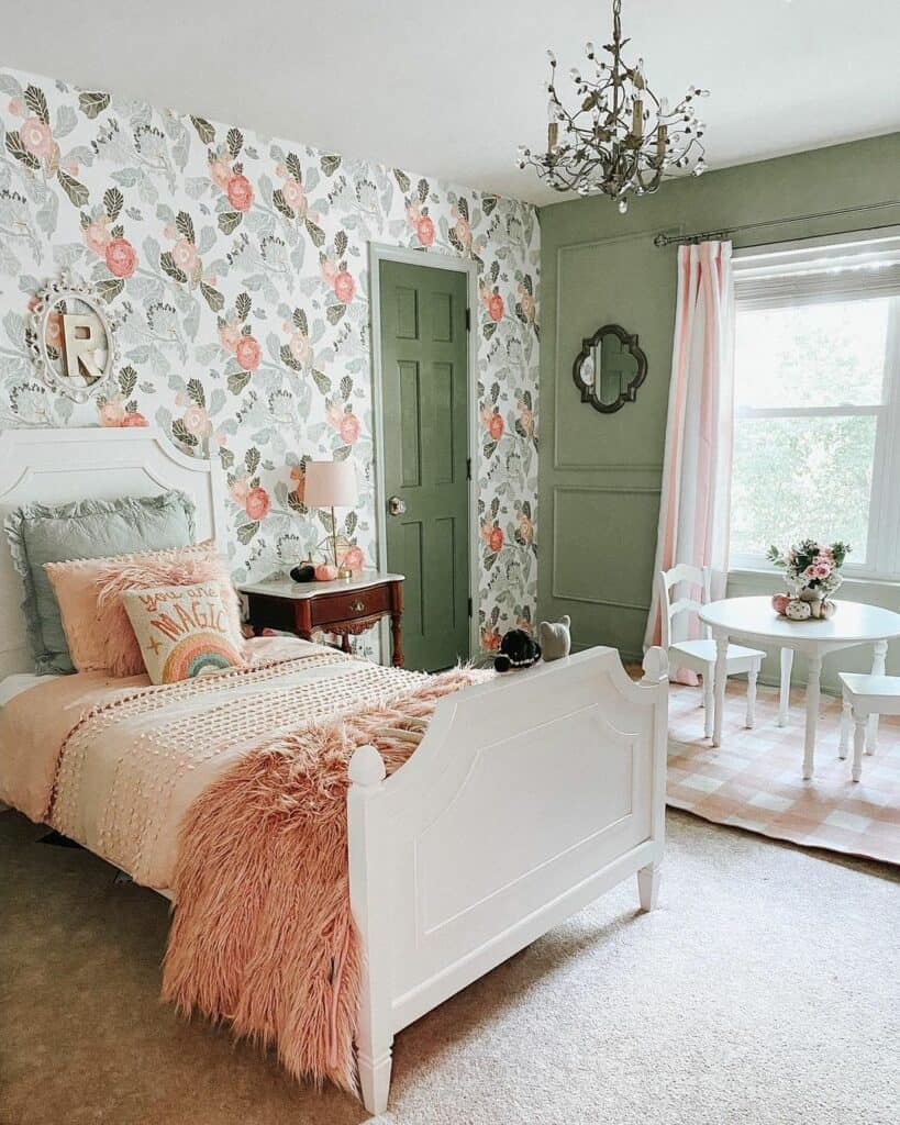 Olive Bedroom With Floral Accent Wall
