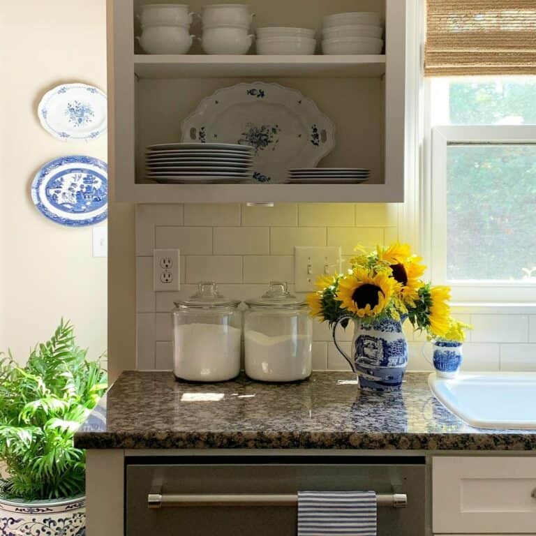 Open Cabinets Display Tableware With Blue Accents