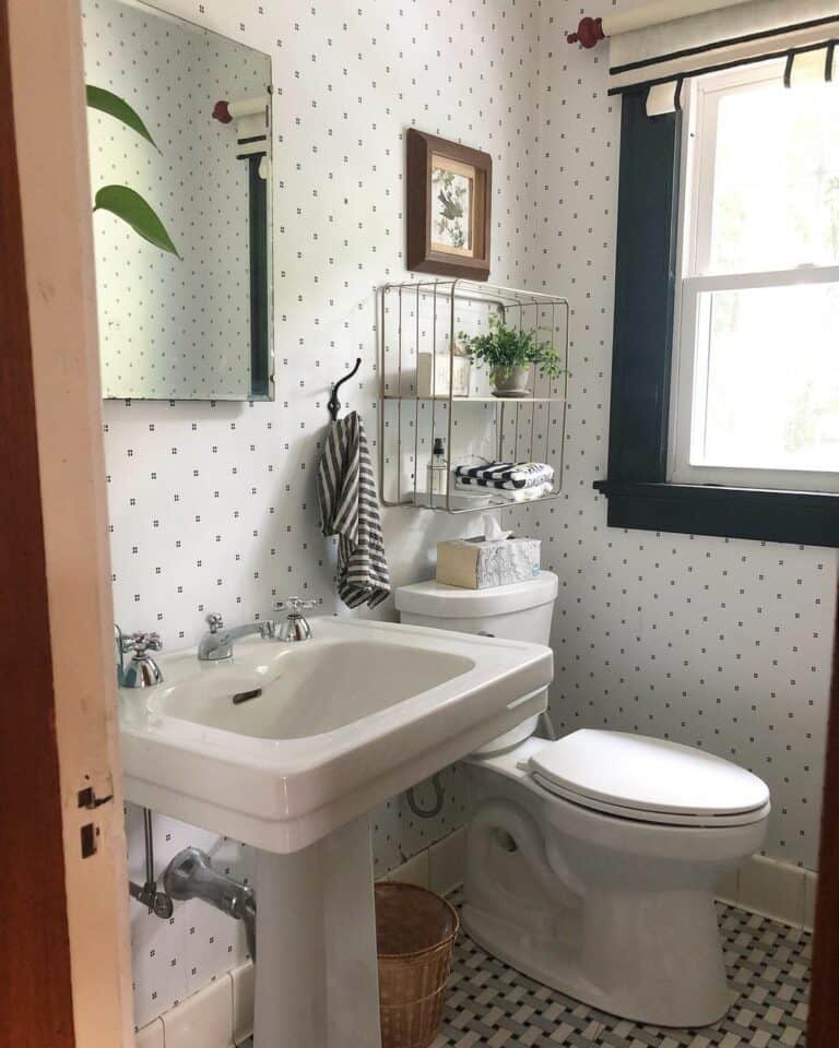 Patterned Walls and Flooring Decorate a Bathroom