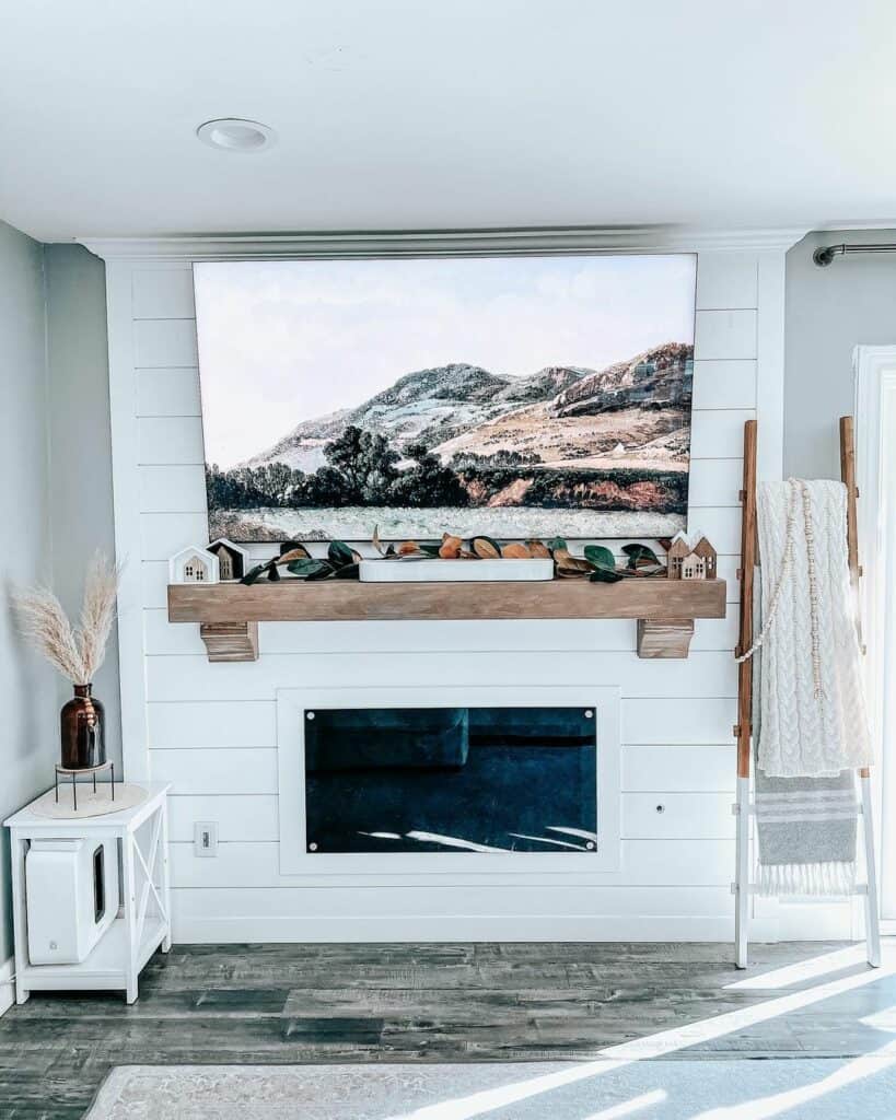 Shiplap Fireplace With a Wood Mantel