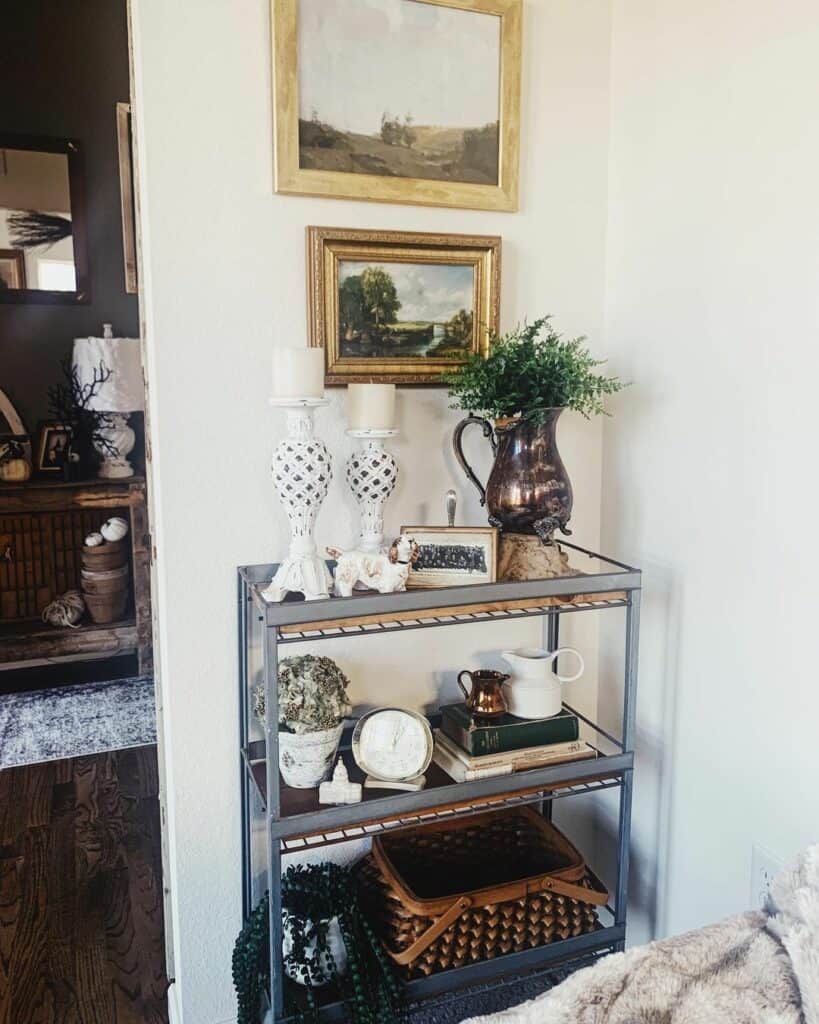 Standing Metal Shelf Decorated With Vintage Accessories