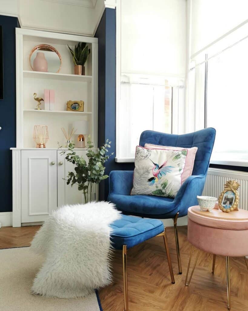 Whimsical Blue Living Room With White Shelves