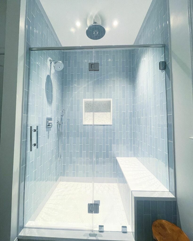 Offset Vertical Blue Tile for Walk-in Shower