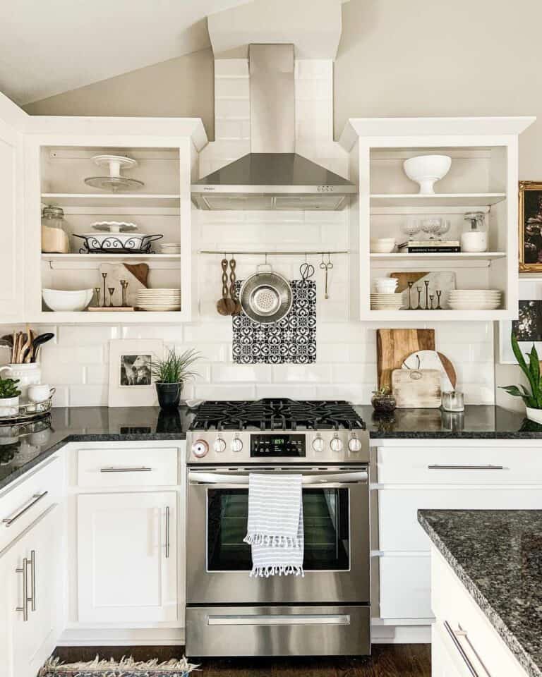 Black and White Kitchen With Open Shelving