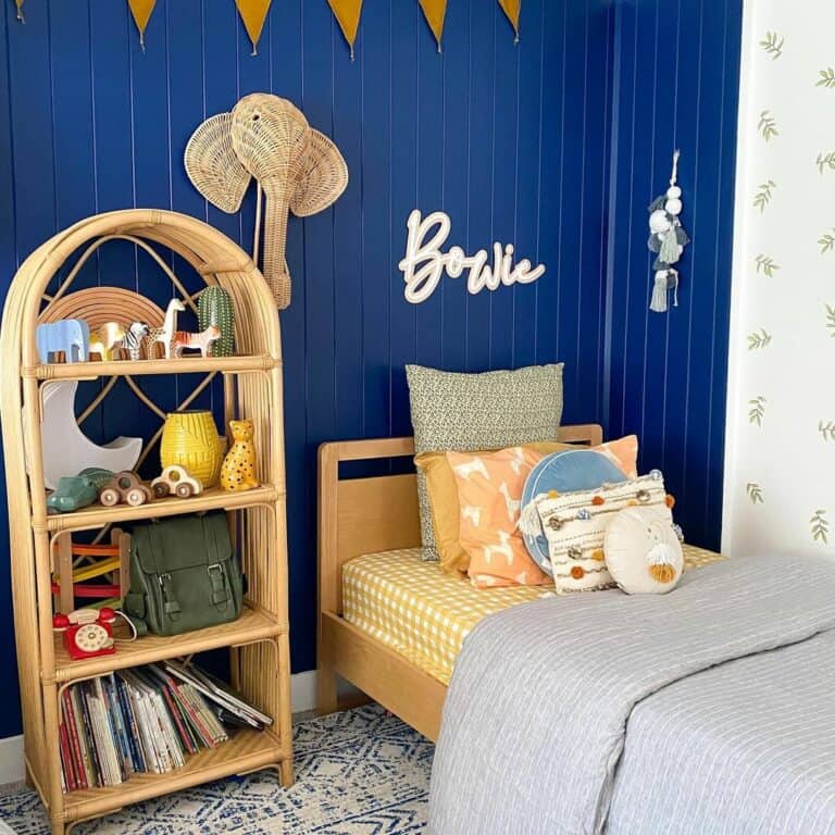 Deep Blue Kid's Room With Wicker Furniture
