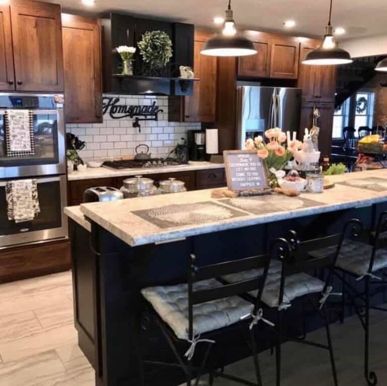 Classic Dark Wood Cabinets With Modern Black Island - Soul & Lane